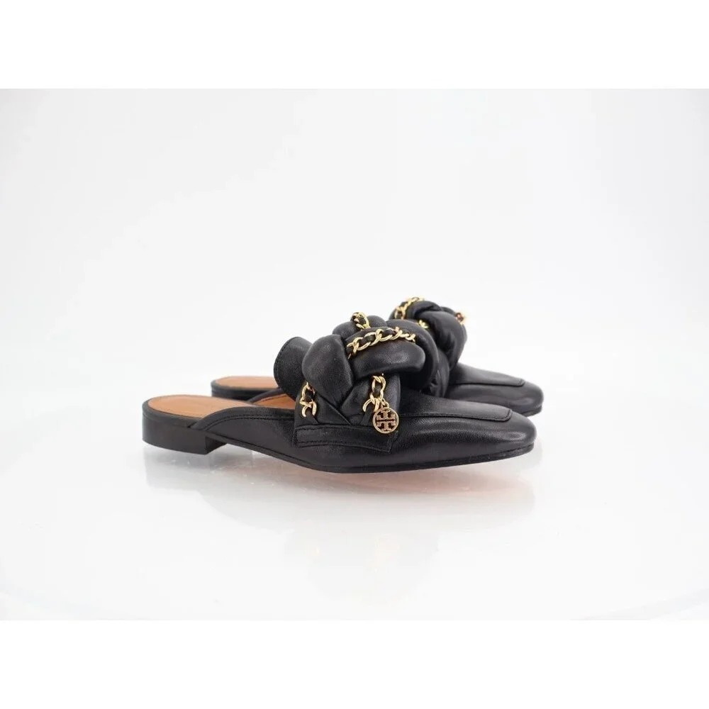 Tory Burch Womens Mule Flat Size 5.5 Black Leather Chain Link Slip On Shoes